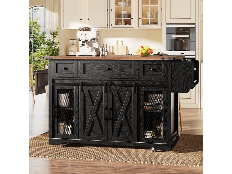  Îlot de cuisine sur roulettes noir avec plan de travail extensible, prises électriques intégrées, hauteur 91 cm  - Conforama E