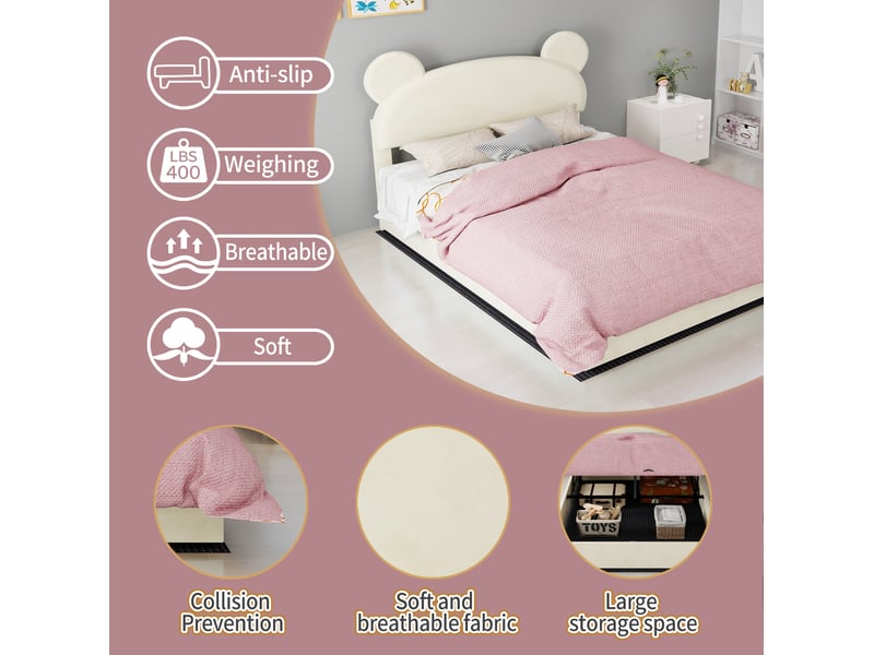 Lit coffre 140x200 cm, tête de lit fantaisie, rangement sous lit à vérins, revêtement velours, beige, sans matelas  - Conforama E