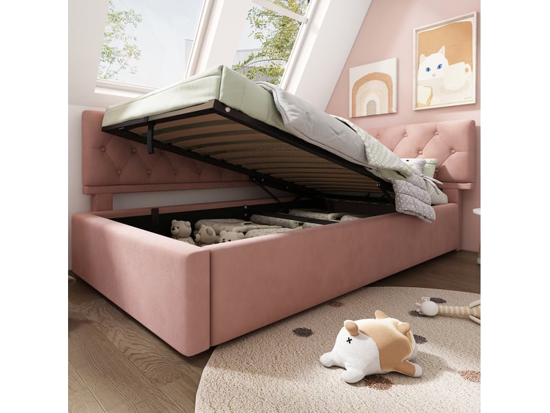  Modenvie lit banquette coffre 90x200 cm - rangement hydraulique, sommier à lattes inclus, sans matelas - rose  - Conforama D