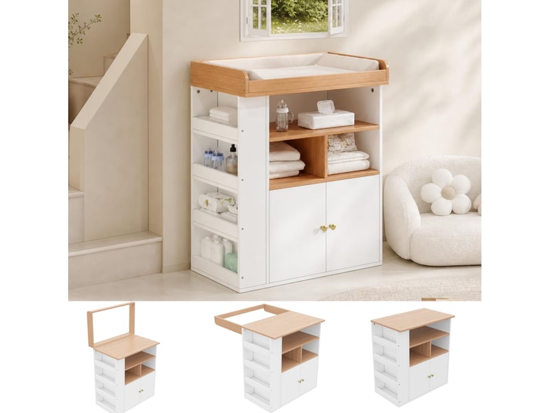  Commode à langer 2 en 1 82x50x100 cm, rangement, plan de soin 90 cm, barrière amovible, mdf naturel et blanc  - Conforama D