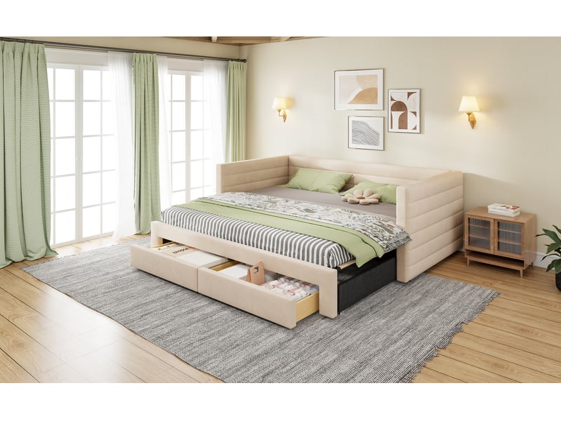  Lit gigogne simple 90×190 cm extensible 180×190 cm, 2 tiroirs  - sans matelas, coton lin beige  - Conforama E