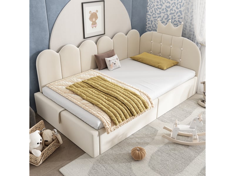 Canapé-lit rembourré 90 x 200 cm, avec espace de rangement, en l, orné d'un motif en treillis en forme de couronne, en velours, beige - Conforama B