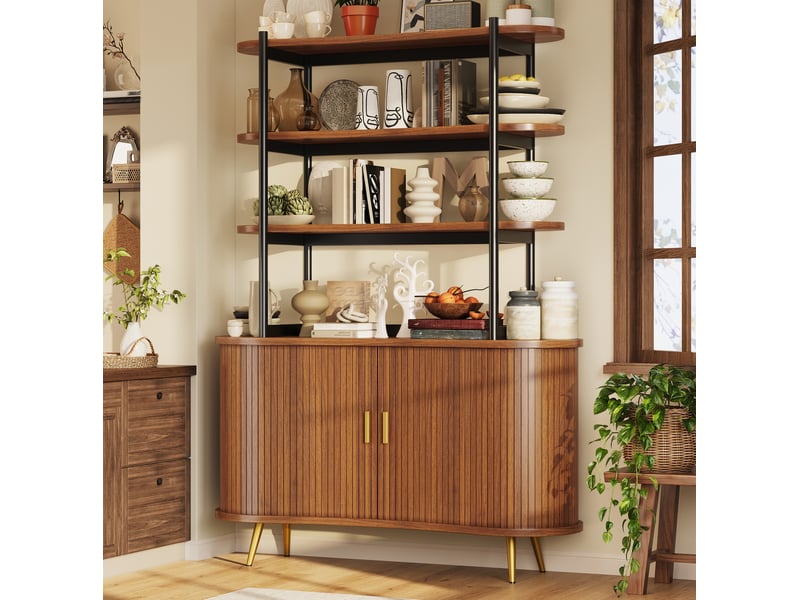  Buffet avec 2 portes coulissantes et 4 étagères ouvertes, rangement pour cuisine et salle à manger en mdf bois foncé  - Conforama B