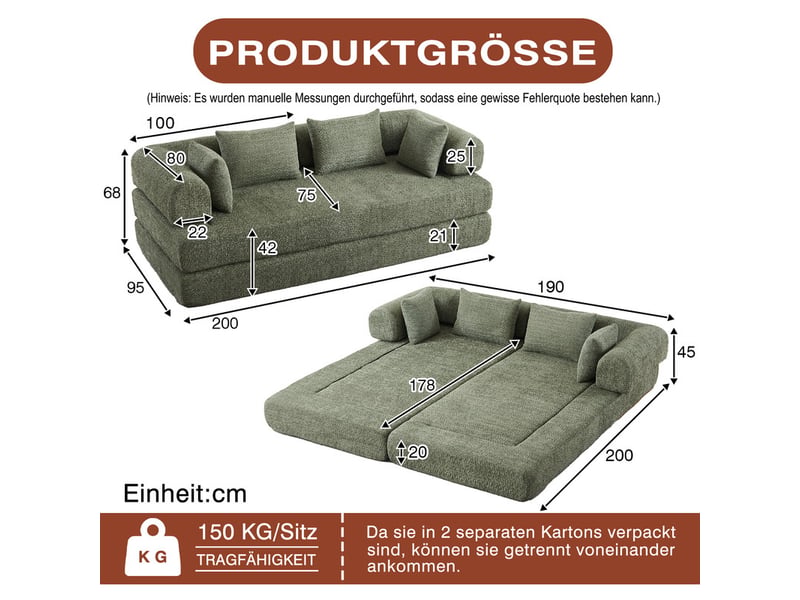  Canapé droit convertible ,2 places,ase antidérapante,4 coussins inclus,200 x 68 x 75 cm,vert  - Conforama C