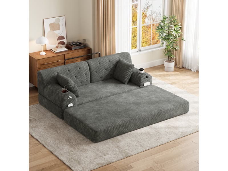  Canapé convertible 2 places en velours côtelé avec 4 poches, gris foncé  - Conforama D
