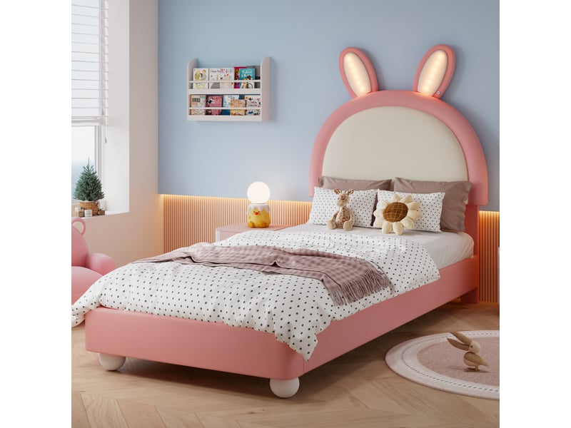  Lit capitonné, lit simple, tête de lit en forme de lapin, avec bande lumineuse led, bordure en mousse anti-choc, cadre de lit robuste, pu + contreplaqué, rose + blanc, 90 x 200 cm  - Conforama B