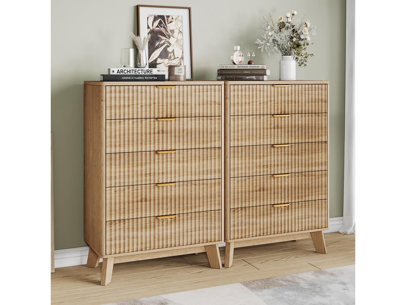 Commode chambre 5 tiroirs, commode bois, meuble de rangement, 73x40x108 cm, grande capacité et anti-basculement, chêne clair - Conforama D