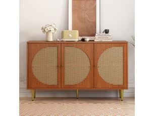 Buffet 3 portes rotin 129.8x40x76 cm meuble de rangement moderne noyer panneaux particules