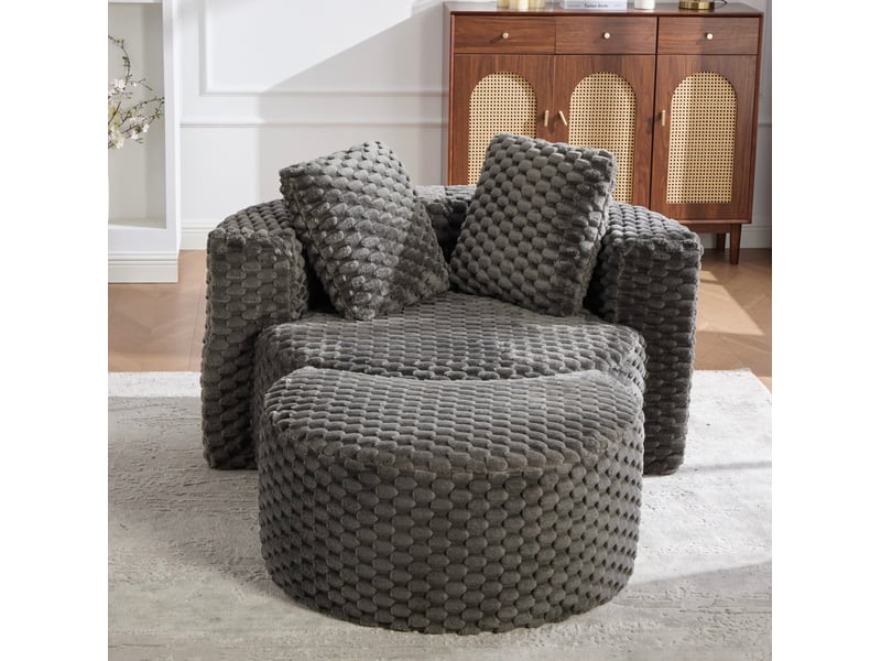  Fauteuil rond avec pouf, 1 place, tissu gris foncé, mousse, 130 x 115 x 103 cm  - Conforama B