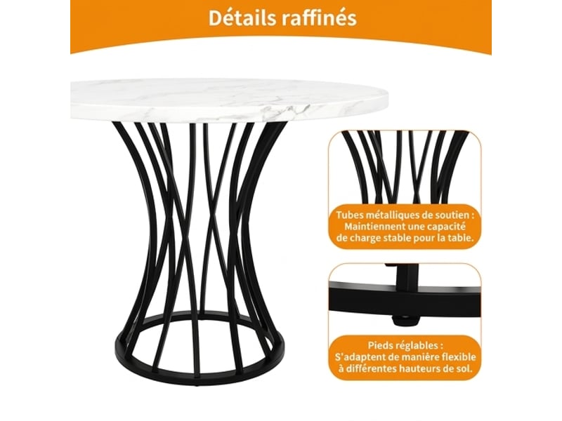  Ensemble table ronde 80 cm et 4 chaises en velours gris, plateau effet marbre blanc  - Conforama E
