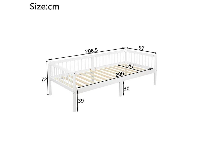  Lit de jour modenvie 90 x 200 cm en pin blanc avec barrières sur 3 côtés et 14 lattes  - Conforama C