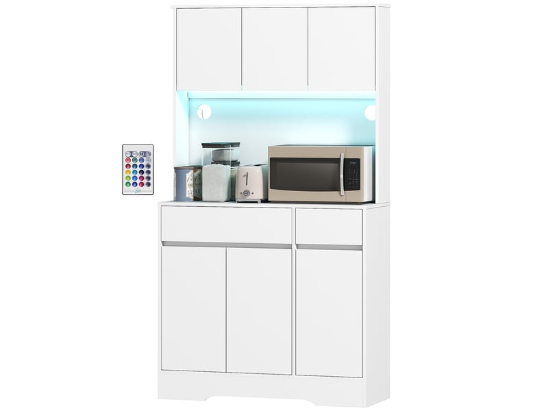  Buffet de cuisine, meuble de rangement haut avec éclairage led rgb, plan de travail, 6 portes, 2 tiroirs, blanc  - Conforama B
