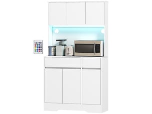 Buffet de cuisine, meuble de rangement haut avec éclairage led rgb, plan de travail, 6 portes, 2 tiroirs, blanc