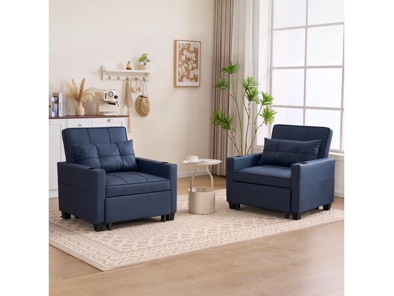  Canapé convertible 1 place avec dossier réglable, poche latérale et structure en bois et métal, bleu  - Conforama C
