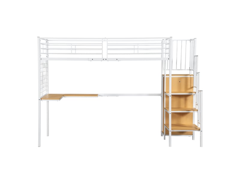  Lit superposé en fer, lit mezzanine, idéal pour enfants et adolescents, avec table et armoire, échelle latérale avec rampe, fer et panneaux de particules, blanc et naturel, 90 x 200 cm  - Conforama D