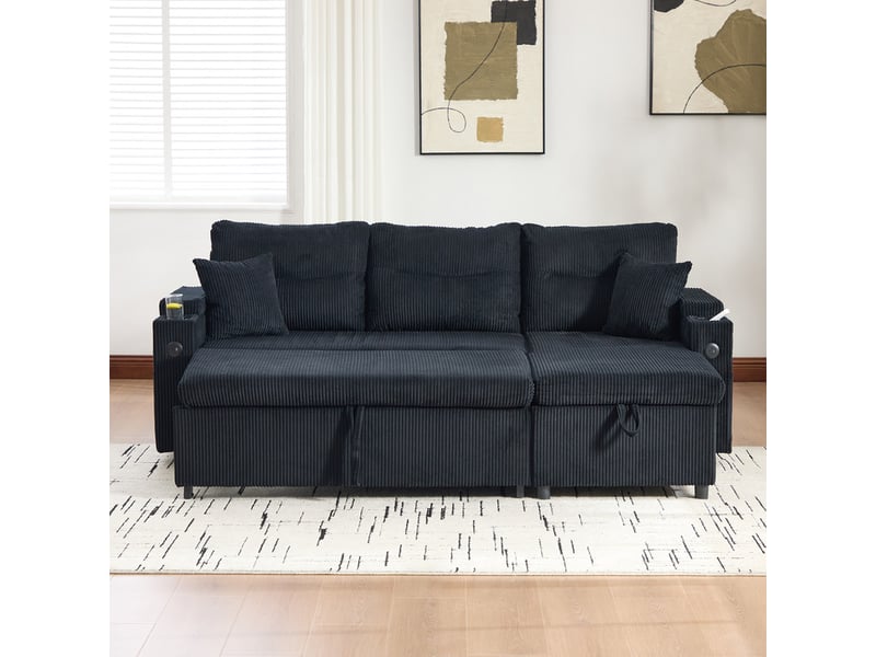  Canapé droit convertible ,3 places,avec espace de rangement, porte-gobelets et usb-c,212 x 136 x 86 cm,noir  - Conforama D