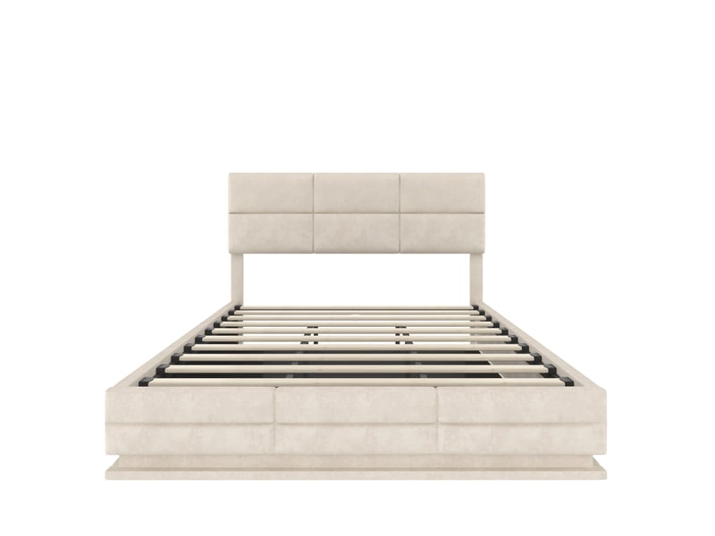Lit coffre 180×200 cm, revêtu velours, tête de lit réglable en hauteur, avec led et ports usb, sans matelas, beige - Conforama E