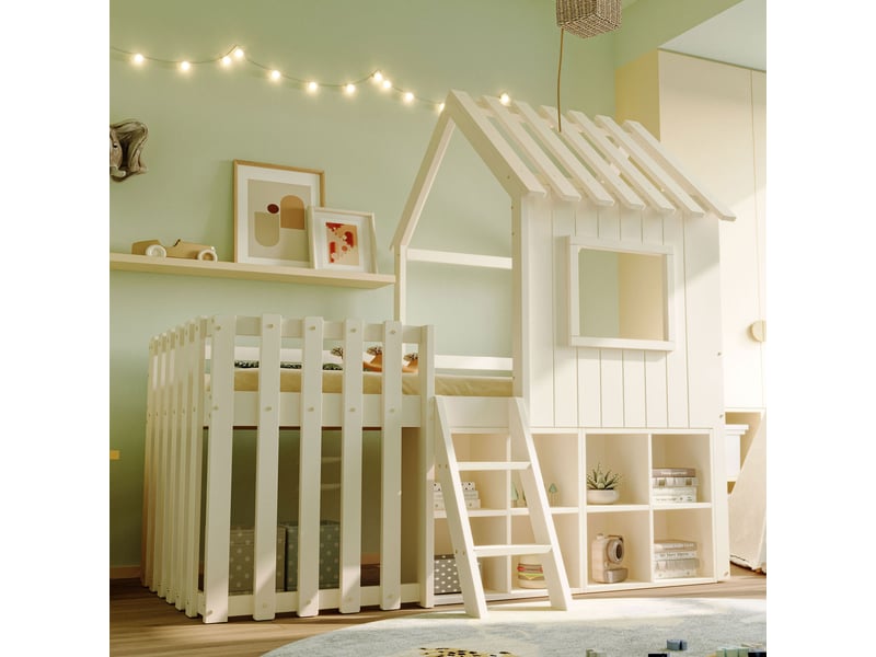  Modenvie lit cabane enfant 90x200 cm - avec rangement ouvert, toit et fenêtres, sans matelas - blanc  - Conforama B