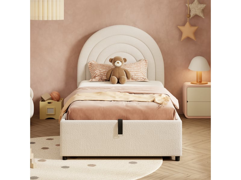  Lit coffre rembourré 90x200cm coloris beige tissu lit enfant beige - Conforama D