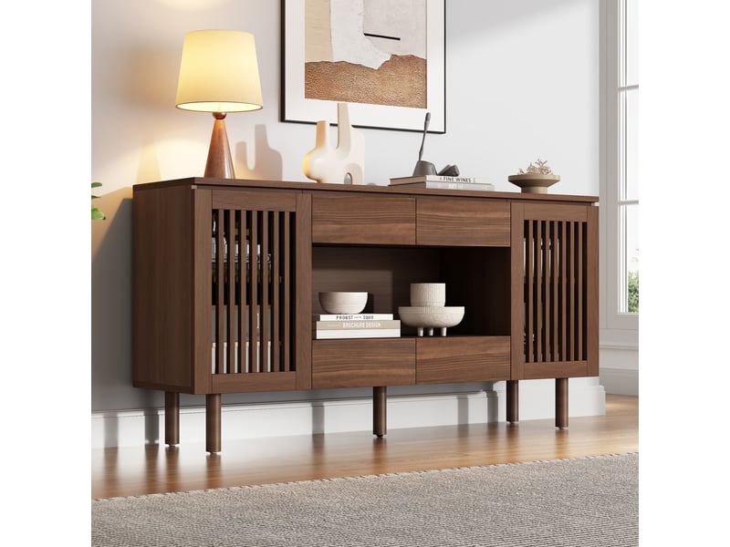 Buffet bas avec 4 tiroirs et 2 portes à lamelles, pieds en bois, pour salon et salle à manger, noyer, 140 × 35 × 71 cm  - Conforama B