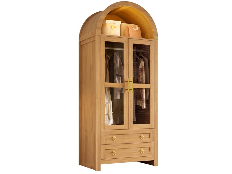  Armoire-penderie 76x50x185cm avec portes vitrées, tringle, 2 tiroirs et éclairage led multicolore, design incurvé, effet chêne evarich - Conforama A
