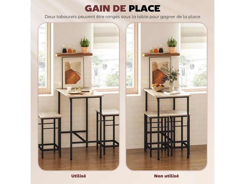  Ensemble table de bar avec 2 tabourets, cadre en acier pour cuisine, salle à manger et salon, effet bois naturel  - Conforama E