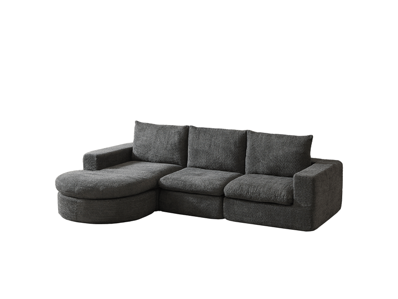  Canapé d'angle modulable 3 places avec méridienne réversible et coussins en chenille grise, 250 × 160 × 80 cm  - Conforama A