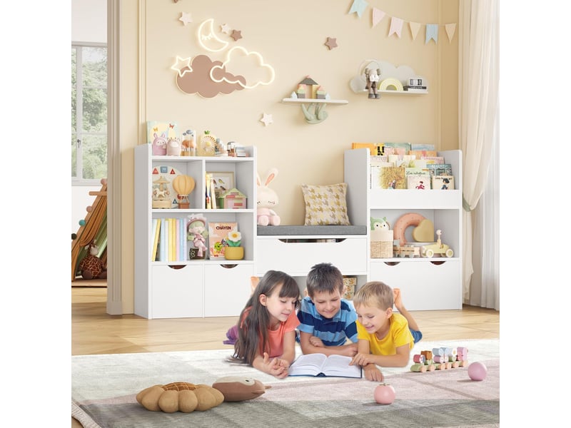  Meuble rangement enfant 183.5cm bibliothèque enfant avec banc 11 étagères 3 tiroirs roulants rangement jouet 183.5x29.8 x94.5 cm  - Conforama E