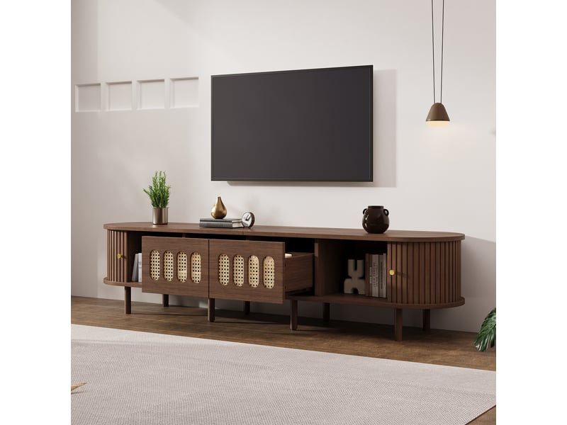  Meuble tv 180 cm couleur noyer, meuble tv bas avec rangement et cannage, pour téléviseur jusqu’à 80 pouces, 2 tiroirs  - Conforama D