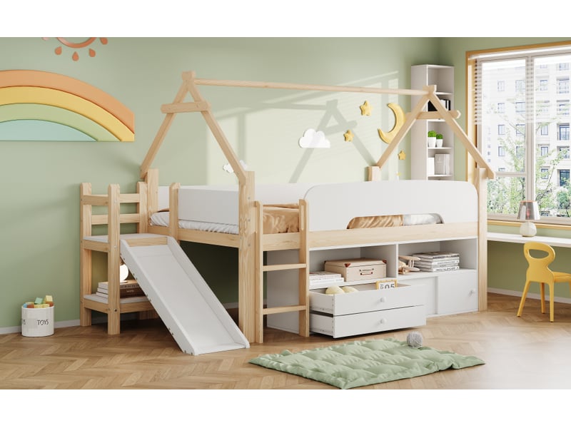  Lit mezzanine enfant 1 place 90×200 cm avec toboggan, rangement et barrières - okmyhome- blanc naturel, sans matelas  - Conforama E