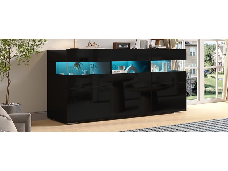  Buffet de salon noir 140 x 40,5 x 66,5 cm avec éclairage led contrôlé par application mobile, 3 portes, 7 rangements  - Conforama D
