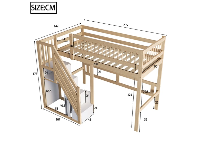  Lit mezzanine bois massif avec armoire intégrée, lit enfant avec escalier sécurisé, lit 90x200 bois naturel pour optimiser l'espace.  - Conforama R
