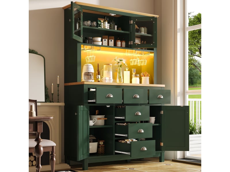 Buffet de cuisine vert style maison de campagne, armoire de rangement 180cm avec 4 portes, éclairage led et porte-gobelets. - Conforama R