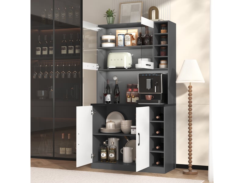 Buffet haut brun et noir en mdf, 145 × 39 × 171 cm, portes vitrées, panneau perforé, 5 portes, pour cuisine et salle à manger - Conforama E
