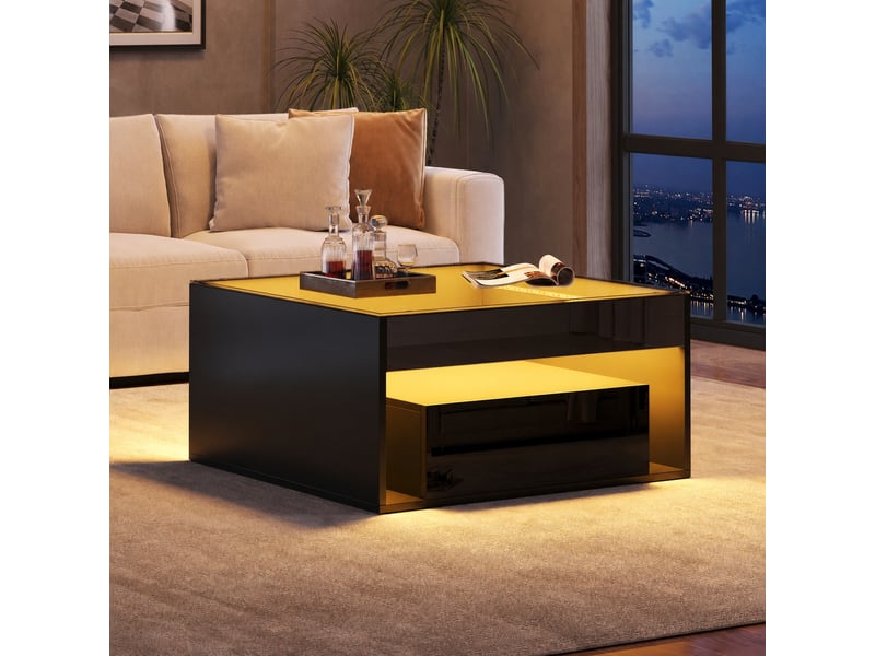  Table basse avec deux tiroirs, plateau en verre trempé, led, 70 x 70 x 35 cm, noir  - Conforama D