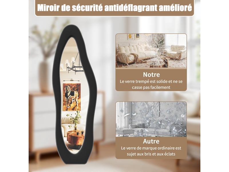  Miroir plein pied 160x50 cm forme ondulée, cadre rembourré en flanelle noire, miroir au sol décoratif pour chambre et salon  - Conforama R