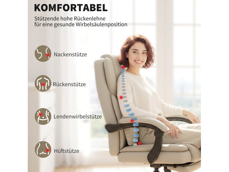  Chaise de bureau ergonomique beige en cuir régénéré, inclinable 140° avec repose-pieds et soutien lombaire  - Conforama E