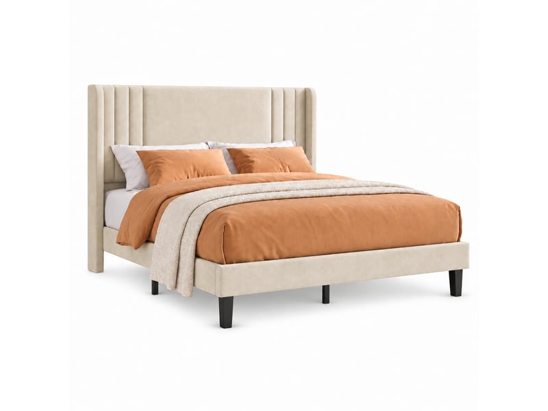  Lit adulte 140x200 cm, lit 2 places avec sommier à lattes, cadre de lit avec tête de lit capitonnée, lit double rembourré, lin beige  - Conforama A