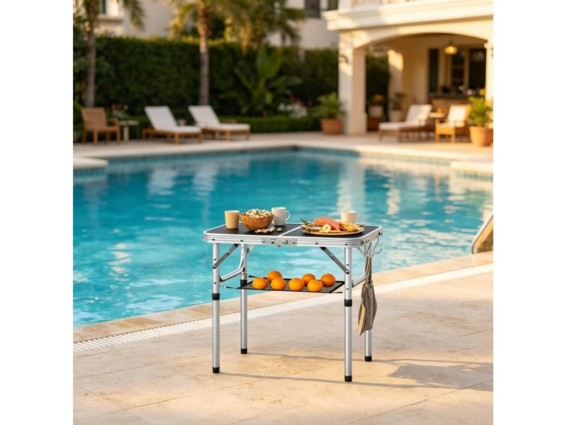  Table de jardin pliante avec filet de rangement amovible, hauteur réglable et poignée de transport pour balcon  - Conforama B