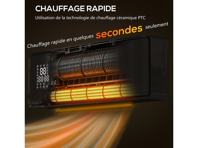  Chauffage mural en céramique 10002000w, radiateur électrique, ventilateur, thermostat, 54x18,7x12,3cm, minuterie, noir  - Conforama A