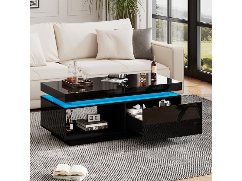  Table basse moderne laquée brillante avec éclairage led, 100 x 50 x 40,3 cm – table élégante avec tiroir et capacité de charge de 50 kg  - Conforama B