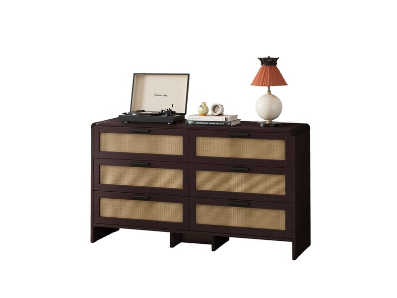  Commode de rangement à 6 tiroirs – rotin naturel et angles arrondis – marron rougeâtre – 130 x 40 x 74 cm  - Conforama A