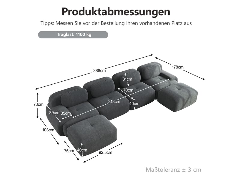 Canapé d'angle modulable en u modenvie 4 places 388 x 178 cm velours côtelé gris sans montage  - Conforama C