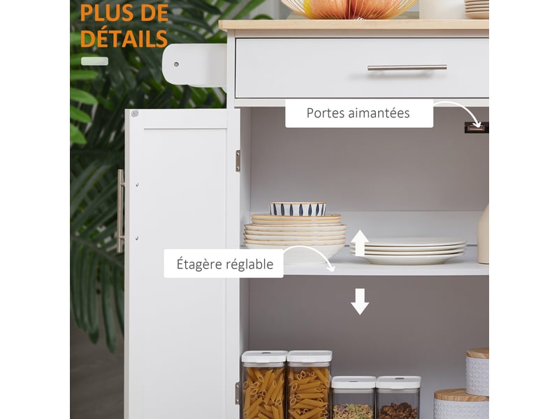  Desserte de cuisine sur roulettes chariot de service ilot de cuisine blanc - avec tiroir de placard et porte-torchons  - Conforama W