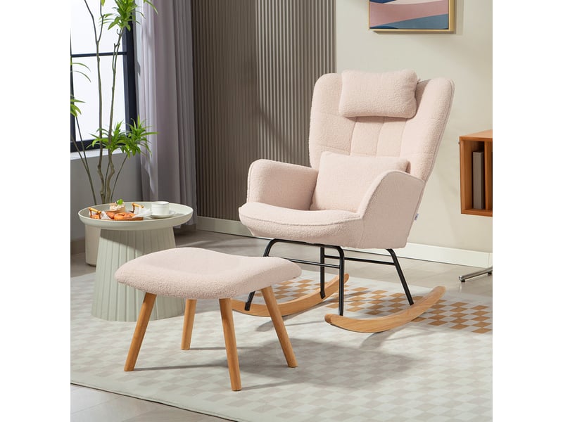  Fauteuil à bascule avec repose-pieds, revêtement en polaire douce, pieds en bois, coussin, dossier haut, beige  - Conforama D