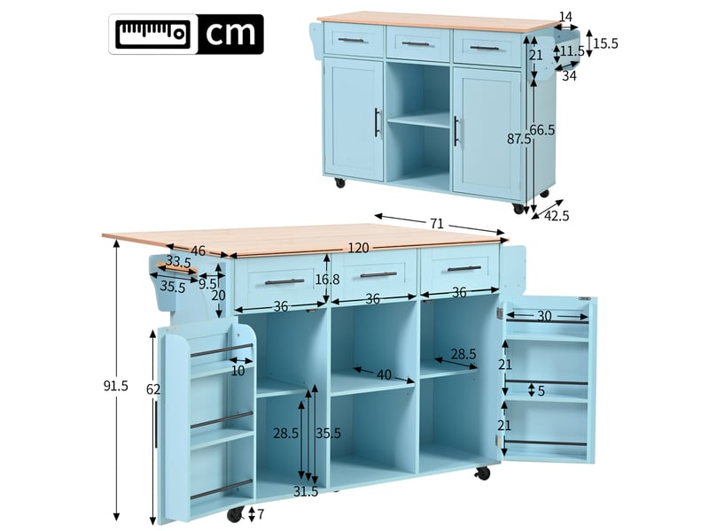  Desserte de cuisine bleue 139 x 46(71) x 91,5 cm, plateau rabattable et roulettes  - Conforama C