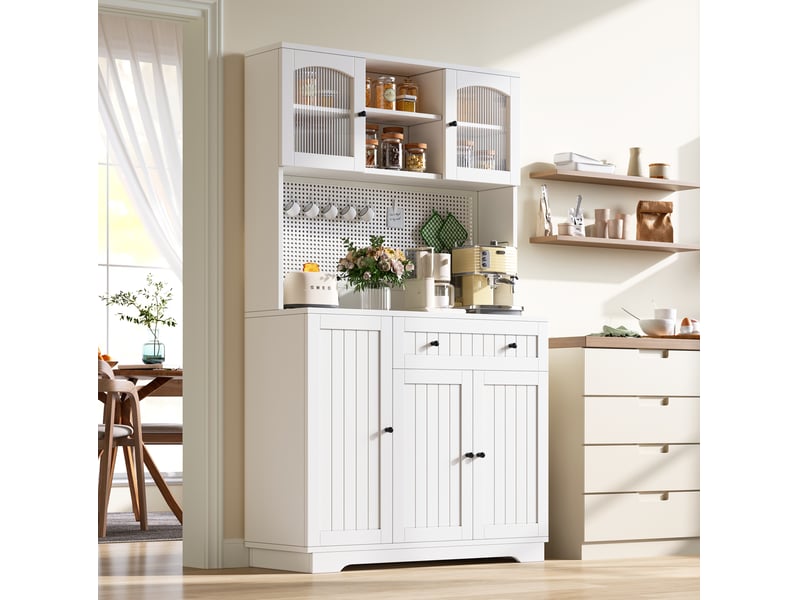  Buffet de cuisine haut avec 1 tiroir, vitrines et étagères réglables, panneau perforé, blanc, 103,5 × 40 × 180 cm  - Conforama B