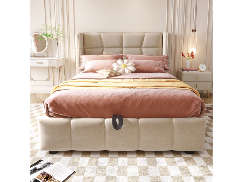 Lit coffre 90 x 200 cm avec rangement pneumatique, tête de lit capitonnée, sommier à lattes, lin beige - Conforama D
