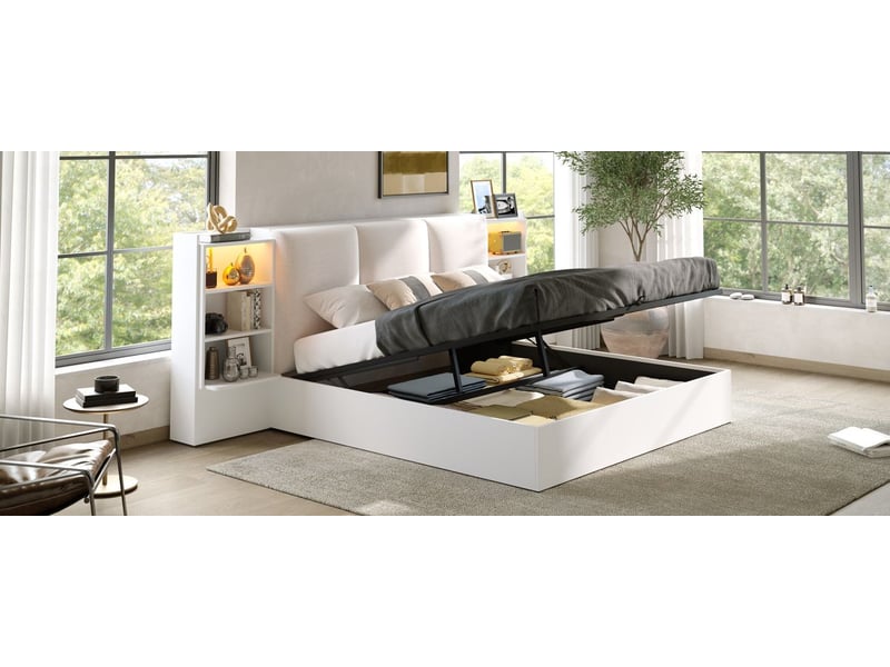  Lit coffre 180 x 200 cm rangement hydraulique 6 compartiments de rangement tête de lit rembourrée éclairage led cadre de lit plateforme finition blanche  - Conforama E