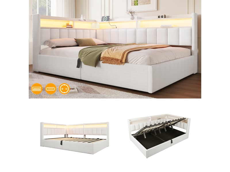  Lit coffre hydraulique 140x200 cm avec led, usb-a et usb-c et tête réversible, velours beige, sans matelas  - Conforama E